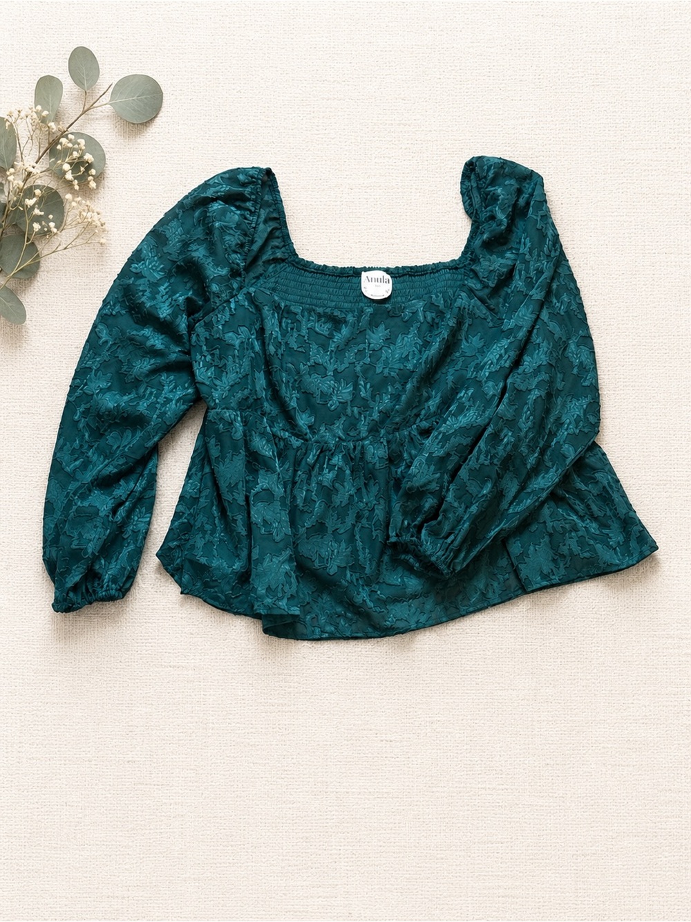 ARULA Teal Floral Jacquard Peplum Blouse Puff Sleeve Cottagecore Top